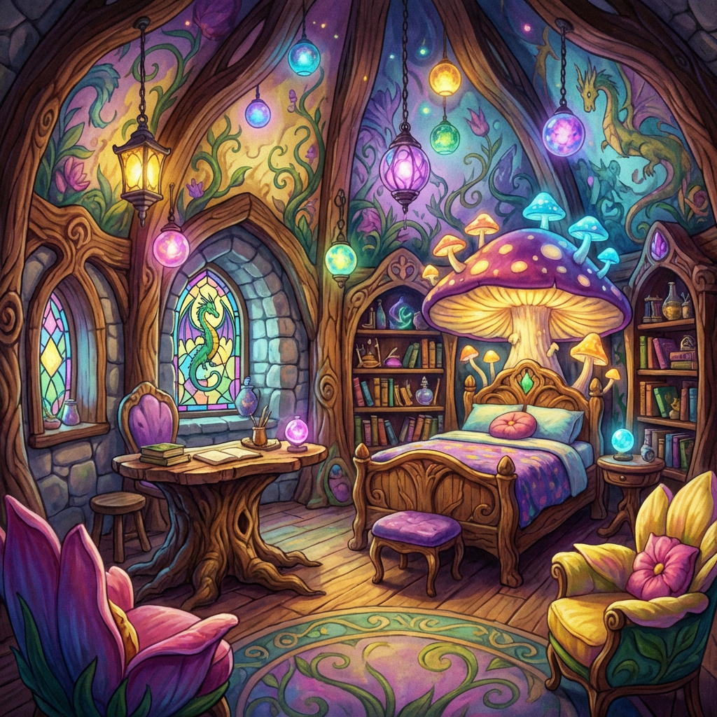 Whimsical magical bedroom with a giant mushroom over the bed and glowing lanterns hanging from the ceiling.